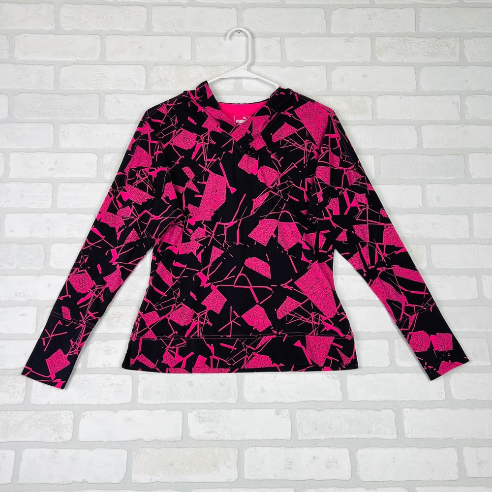 Puma Womens Pink Black Geometric Abstract Print Long Sleeve Hooded Top S
